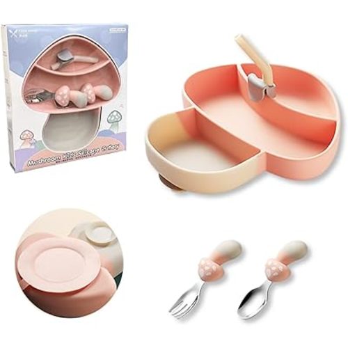 Silicone Suction Plate for Toddlers, Spoon, Fork, Baby Eating Essentials, Toddler plate and Utensils Set(Silicone Baby Feeding Set - Pink Mushroom)