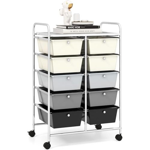 RELAX4LIFE 10 Drawer Rolling Cart, Utility Cart on Wheels for Paper Tool Scrapbook, Craft Art Supply Storage Organizer for Home Office School Teacher Classroom, Rolling Storage Cart (Gradient Grey)
