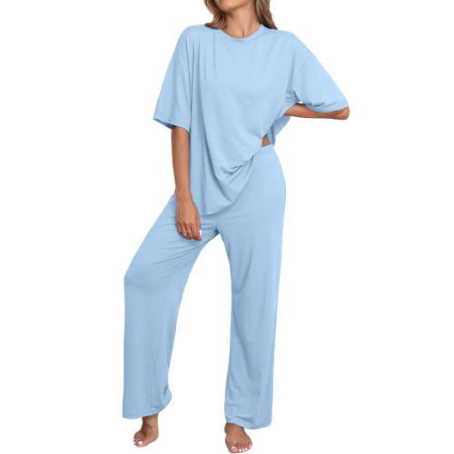 MINTREUS Lounge Sets for Women Knit Short Sleeve Tops and Long Pants Soft Comfy Pajamas Set Oversized 2 Piece Outfits