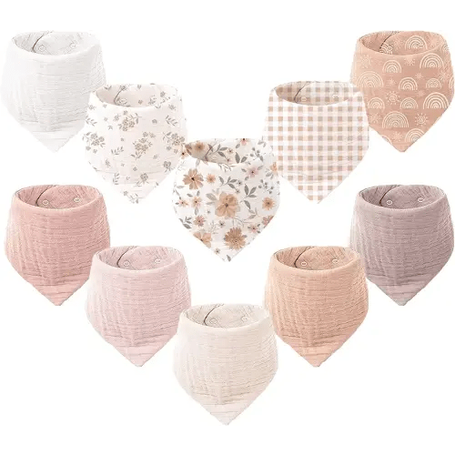 Konssy Muslin Baby Bibs 10 Pack Baby Bandana Drool Bibs 100% Cotton for Unisex Boys and Girls, Soft Absorbent Set for Teething and Drooling