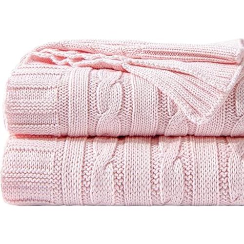 NTBAY 100% Pure Cotton Cable Knit Throw Blanket, Super Soft Warm 51x67 Knitted Throw Blanket for Couch, Sofa, Chair, Bed - Extra Cozy, Machine Washable, Comfortable Home Decor, Baby Pink