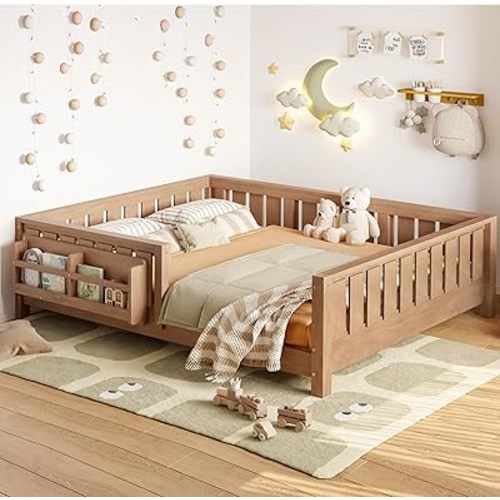 Bellemave Full Size Floor Bed with Slats and Safety Guardrail, Full Size Montessori Floor Bed with Fence and Built-in Bookshelf, Easy Assemble Montessori Beds for Kids, Girls, Boys, Natural