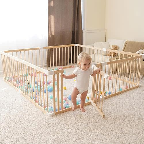 GGF Wooden Baby Playpen -79 * 71 * 24 in, Large Wood Gate Playpen for Babies and Toddlers, Baby Fence Play Yard with Door for Kids Activity Center
