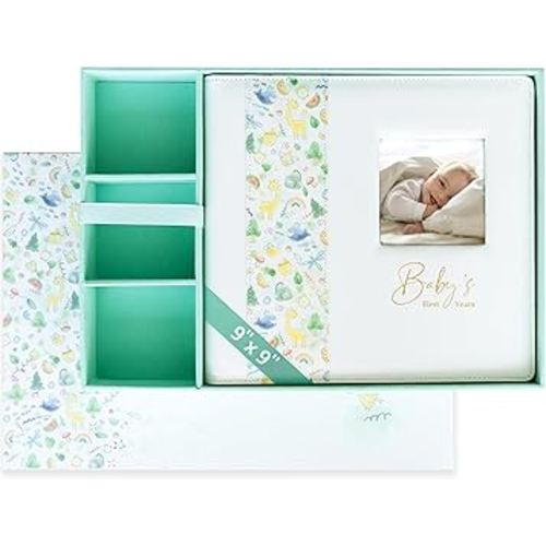 Keepsake Baby Memory Book With Box - Timeless Leather-Bound Milestone Book | Photo Memory Box to Record Baby Shower to Age 5 - Beautiful Gift for Girls and Boys