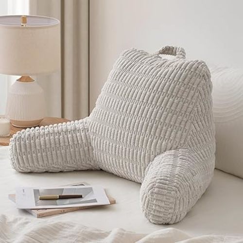 Blissful Diary Reading Pillow, Stylish Bed Pillow with Shredded Memory Foam for Adult Children Backrest, Back Pillow for Bed & Couch Sitting Up with Arms & Pockets & Washable Cover (Light Gray)