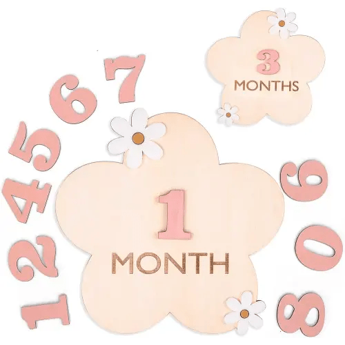 Baby Monthly Milestone, Wooden Baby Milestone Signs, Monthly Milestone Wood Discs, Baby Milestone Discs, Baby Photo Props Cards Interchangeable Number Set of 12 for Baby Growth Recording (3D Flower)