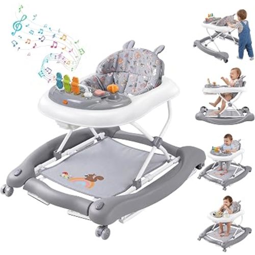 5 in 1 Foldable Baby Walker with Wheels, Music and Lights Bouncer Combo, Rocker, Activity Center for Baby Boys Girls, Adjustable Speed and Height for 6-18 Months (Grey)