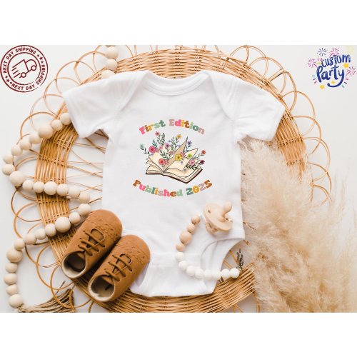 First Edition Published 2025 Natural Onesies®, Baby Announcement Bodysuit, Custom Year Onesie®, Gift For Librarian Mom, Neutral Baby Outfit