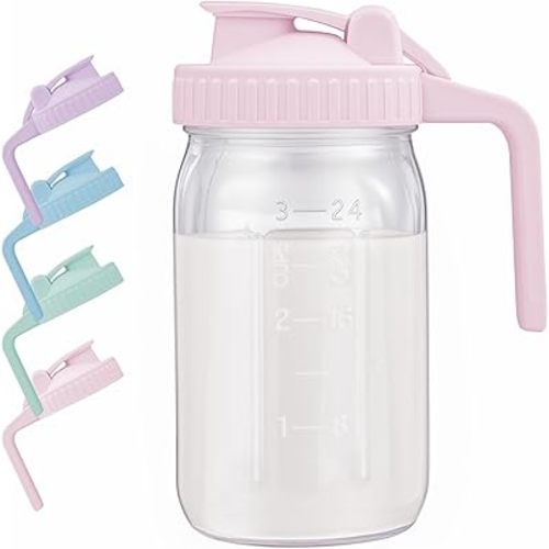 Breast Milk Pitcher with Leak Proof Flip Cap & Pour Spout, 32 oz Wide Mouth Mason Jars for Breast Milk Storage Container, Glass Picther with Lid for Cold Brew Coffee, Sun Tea, Juices, Pink