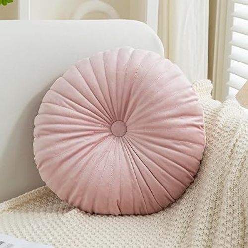 Velvet Round Throw Pillow Pleated Round Pillow Cushion Decoration for Couch Chair Bed Car Pink
