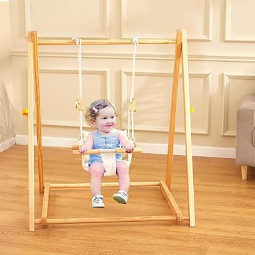 FUNLIO Montessori Wooden Swing Set for Toddlers 6-36 Months, Foldable Indoor Baby Swing Set of Durable Pine, Portable with 4 Sandbags &Extension Straps, Toddler Swing for Indoor/Outdoor/Backyard