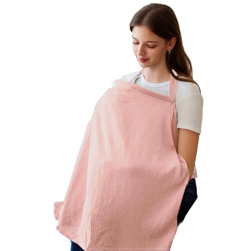 BlissMomum Breastfeeding Cover with Removable Hoop Arch Neckline,Breathable Nursing Cover Up for Breastfeeding, 100% Cotton Breast Feeding Covers for Women (Pink)