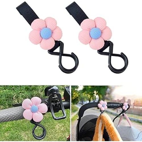 2 Pack Baby Stroller Hooks, Multifunctional Straps Clips for Diaper Bags, 2-in-1 Baby Trend Wagon Accessories& Car Seat Hooks, Mommy Hook for Pram（Pink）