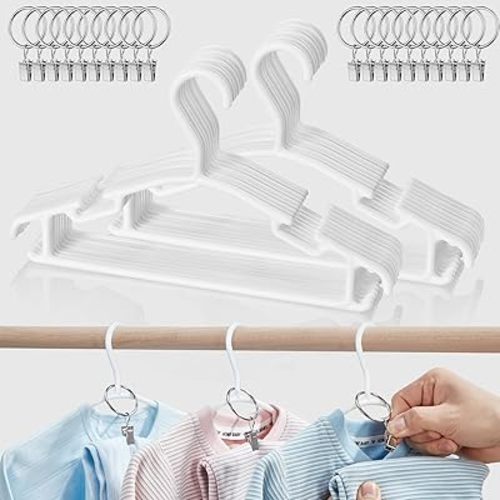 Baby Hangers with Metal Ring Clips, Children Plastic Hanger for Kids Pants Clothes Closet, 20 Pack, White