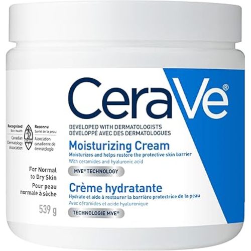 CeraVe Crème hydratante, crème hydratante quotidienne pour le visage, les mains et le corps pour peaux sèches avec acide hyaluronique et céramides pour femmes et hommes. Peau sensible, sans huile, non