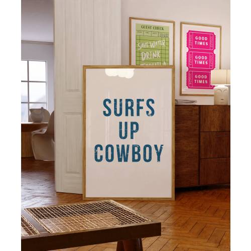 Surfs Up Cowboy Print, Blue Typography Poster, Trendy Surfing Poster, Retro Cowgirl Printable Art, Cowboy Surfboard Print, Coastal Cowgirl