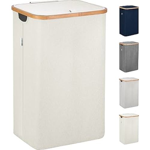 Lonbet - Beige Laundry Hamper with Lid - XL 100 L - Large Hampers for Laundry with Handles - Laundry Baskets with Lid for Bedrooms - Bamboo Bathroom Tall Laundry Bin