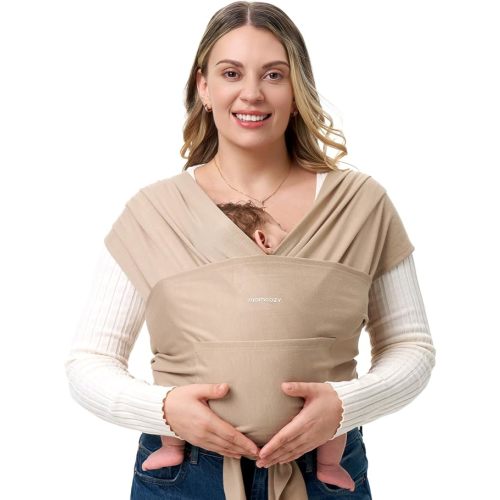 Momcozy Baby Wrap Carrier, Easy to Wear Infant Carrier Slings, Lightweight Hands Free Baby Sling, Adjustable Baby Carriers for Newborn to Toddler 8-35 lbs, Light Curry