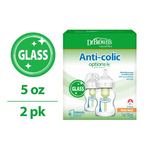 Dr. Brown's Anti-Colic Options+ Wide-Neck Glass Baby Bottle, 5oz, Slow Flow Nipple, BPA Free, 0m+, 2-Pack