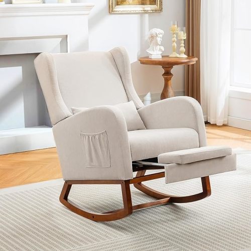 Beige Relaxing Rocking Chair | Rubber Wood Legs | Side Pocket, High Back, Foot Rest | Baby Bedroom, Living Room