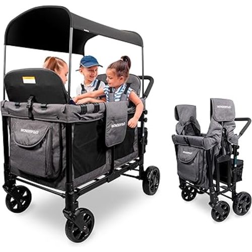 WONDERFOLD W4 Original Stroller Wagon (4 Seater) - Collapsible Wagon Stroller with Seats with 5-Point Harnesses, Easy Access Zipper Door, and Removable Sun Canopy, Gray