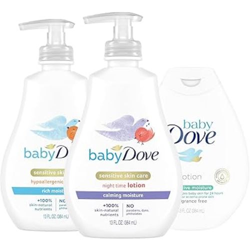 Dove Baby Lotion Bundle – Sensitive Skin Care Hypoallergenic Lotion, Nourishing & Hydrating Baby Lotion for Newborn, Rich Moisture, Calming Moisture & Fragrance Free Moisture, 13 Oz (3 Piece Set)