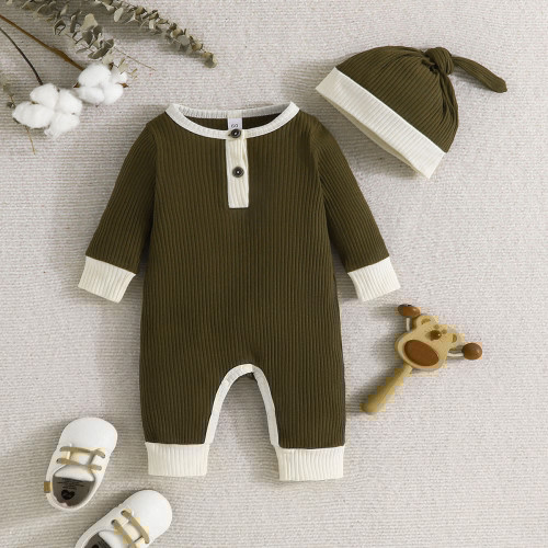 Baby Simple Ribbed Button Romper with Hat