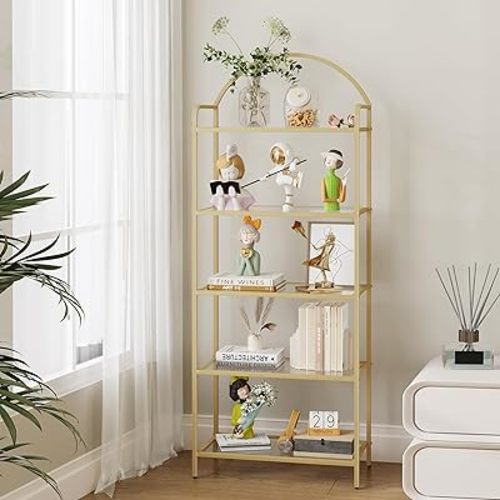 Bookcase Bookshelf, Tempered Glass Bookshelves, Slim Shelving Unit for Bedroom, Bathroom, Home Office, Steel Frame, 5 Tier Gold BC21599G
