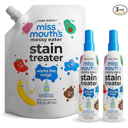 Miss Mouth’s Messy Eater Stain Treater Refill Ready Kit - 2 Pack Stain Remover Spray and 16oz Refill Pouch - Newborn & Baby Essentials - Food, Grease, Coffee Off Laundry, Underwear, Fabric