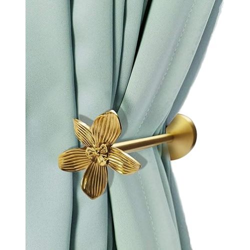 Brass Gold Window Curtain Tiebacks Wall Mounted,Decorative Floral Curtain Holdbacks Drapery Holders for Wall (Flower-2)