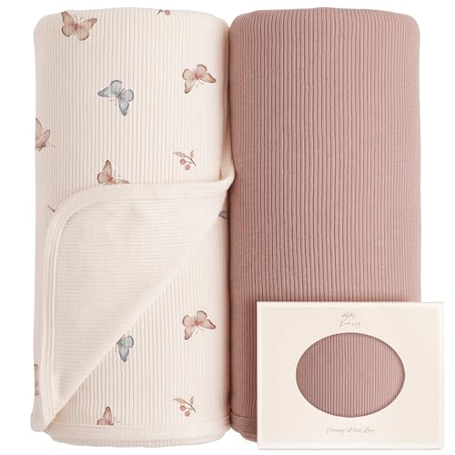 Konssy 2 Pack Ribbed Knit Swaddle Blankets for Baby Boys & Girls, 33"x42" | Soft & Stretchy Knit, Lightweight & Cozy, for Swaddling, Receiving & Stroller, Newborn to Toddler (Taupe,Butterfly Dreams)