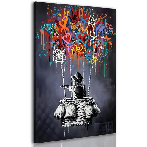 Framed Banksy Street Graffiti Wall Art Decor Large Abstract Pictures Canvas Painting Prints Colorful Modern Contemporary Poster Artwork Stretched for Wall Home Bathroom Bedroom Living Room Ready Hang
