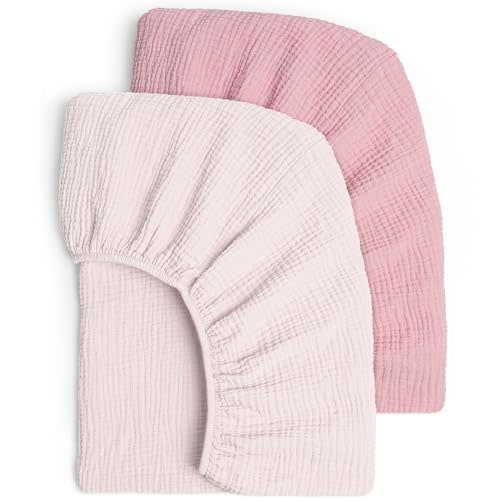 Lulu moon Muslin Crib Sheets - Fitted Crib Mattress Sheets for Boys and Girl - 28"x 52", 2 Pack (Soft Pink & Carnation)