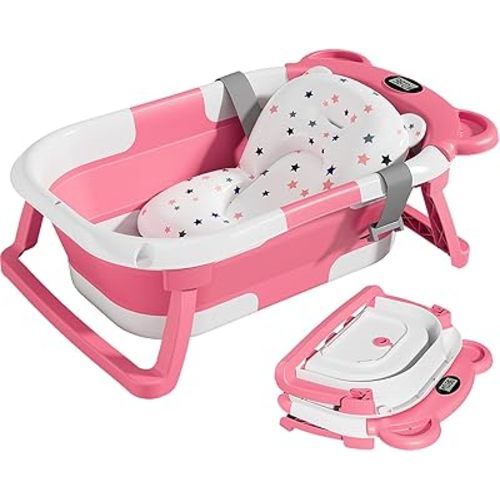 TPN Collapsible Baby Bathtub with Soft Cushion & Real-Time Thermometer Monitor, Foldable Infant to Toddler Tub (0-36 Months), Portable for Travel & Home Use