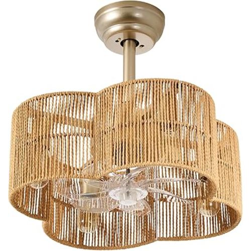 18.9in Rattan Ceiling Fans, Boho Kitchen Ceiling Fan with Light Caged Fandelier with Lights and Remote Rustic Woven Paper Rope Ceiling Fans 6 Speeds for Bedroom Nursery Living Room, E26 Base