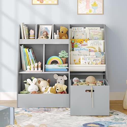 4 in 1 Kids Bookshelf and Toy Storage Organizer, 3-Tier Toy Organizers with Removable Toy Bins, Book Shelf for Kids Room, Toddler Sling Bookshelf with Storage Cubbies, Toy Shelf for Nursery, Playroom