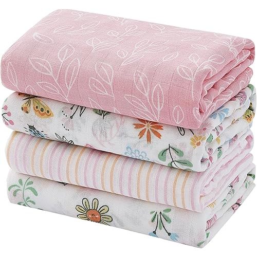 Softan Swaddle Blankets 47X47 inches 4 Pack Flowers and Butterflies
