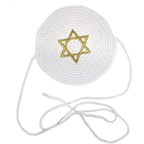 Baby White Kippah with Ties - Gold Star of David - Jewish Kipa for Bris Brit Milah - Yamaka with Straps