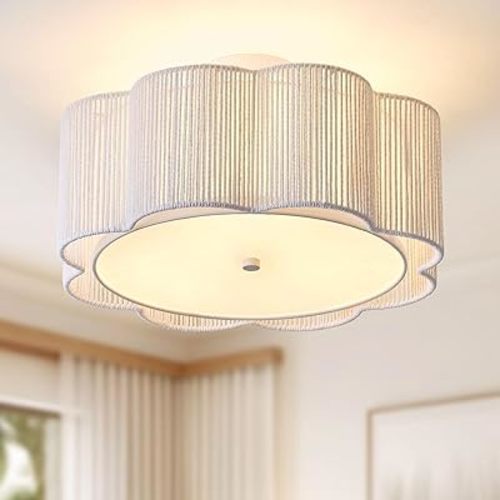 17.7" Rattan Flush Mount Ceiling Light, 3-Light Boho Close to Ceiling Light Fixtures, Rattan Bedroom Ceiling Light, Farmhouse Large Drum Chandelier for Dining Room, Kitchen, Hallway(White)