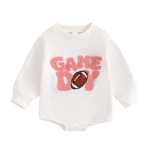 GINEVSAL Baby Girl Boy Football Outfit Long Sleeve Game Day Embroidery Crewneck Romper Bodysuit Infant Football Clothes