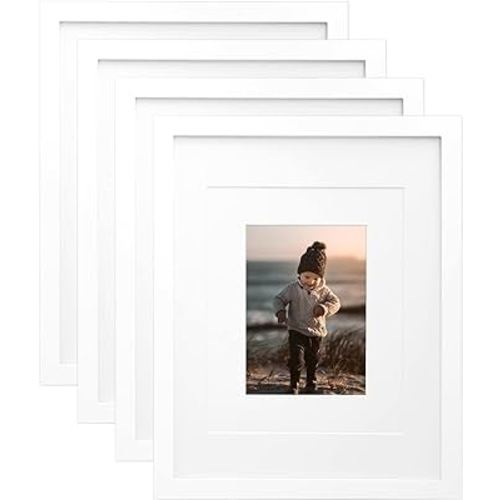 KINLINK 11x14 Picture Frames White, Wood Frames with Acrylic Plexiglass for Pictures 5x7/8x10 with Mat or 11x14 without Mat, Tabletop and Wall Mounting Display, Set of 4