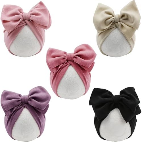 5 PCS Baby Cotton Hats Big Bow Knotted Headwrap Turban Baby Infant Beanie Baby Girl Soft Toddler Cap for Winter