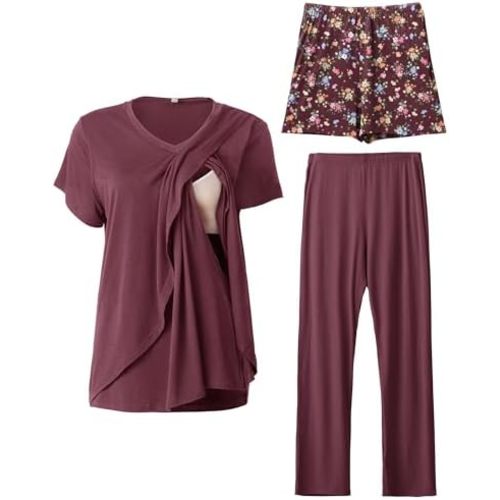 Rnxrbb V Neck Nursing Pajamas Set 3 Pack Postpartum Pjs Breastfeeding Sleepwear for Women Double Layer with Pockets