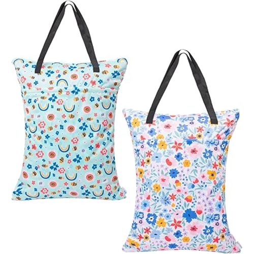 ALVABABY 2 Pack Large Wet Dry Bag Waterproof Hanging Cloth Diaper with Double Zippered Pockets 25x18 inches (Rainbow and flowers)