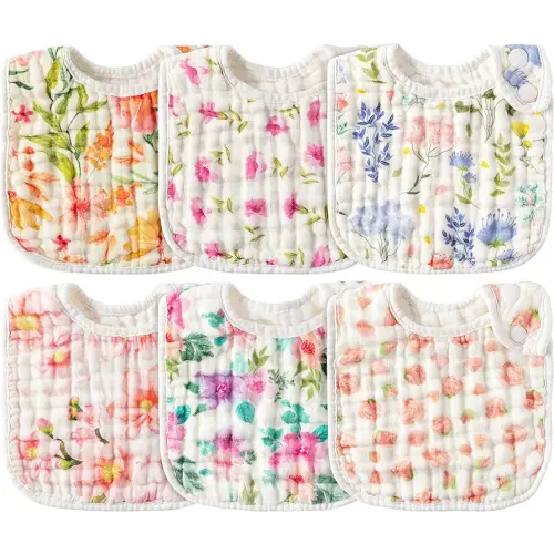 Zainpe 6Pcs Snap Muslin Cotton Baby Bibs Flowers Pattern Infants Feeding Bib Adjustable Machine Washable Girls Burp Cloths Unisex Drool Cloth with 6 Absorbent & Soft Layers for Eating and Teething