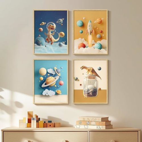 Framed Outer Space Themed Wall Art for Kids Room, 4 Piece Planets Rocket Canvas Wall Art Prints, Modern Space decor for Boys Bedroom, Nursery, Playroom, Bathroom Wall Decor, 11x14 Inch