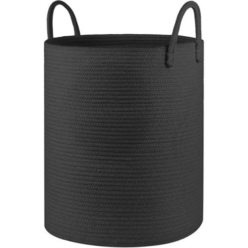 Cotton Rope Laundry Basket Hamper for Girls Kids Baby Nursery Hamper Bin Woven Storage Basket for Living Room cute laundry basket Tall Laundry Basket for Blanket Toy storage bin(Black)