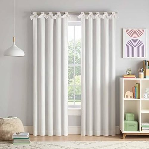 Eclipse Kids Blackout Curtain, Kids Curtain with Tacked Bow Tab Top Header, 84 in x 40 in, Thermaback 100% Blackout Curtain, Curtain for Kids Room or Playroom, 1 Window Curtain, White