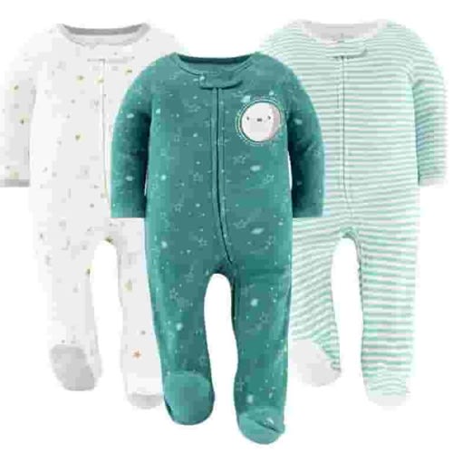 The Peanutshell Baby Sleep n Play Footed Pajamas for Baby Girls or Boys, Celestial, 3 Pack, Newborn