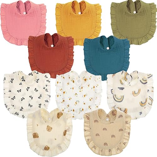 10 Pcs Muslin Baby Bibs Drool Teething Bibs Lap Shoulder Baby Bibs Cotton Drool Bibs Absorbent Baby Bandana Bibs for Unisex Boys Girls 0-6 Months Baby Teething and Drooling (Retro Colors)